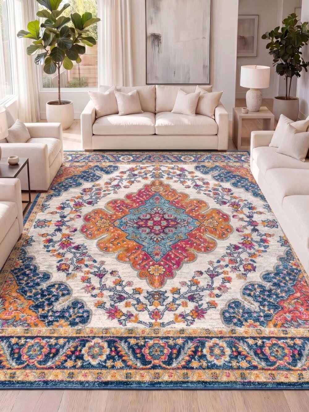 Boho Vintage Blue/Multi Indoor Area Rug, 4x6, Bohemian Flair Medallion, Floral